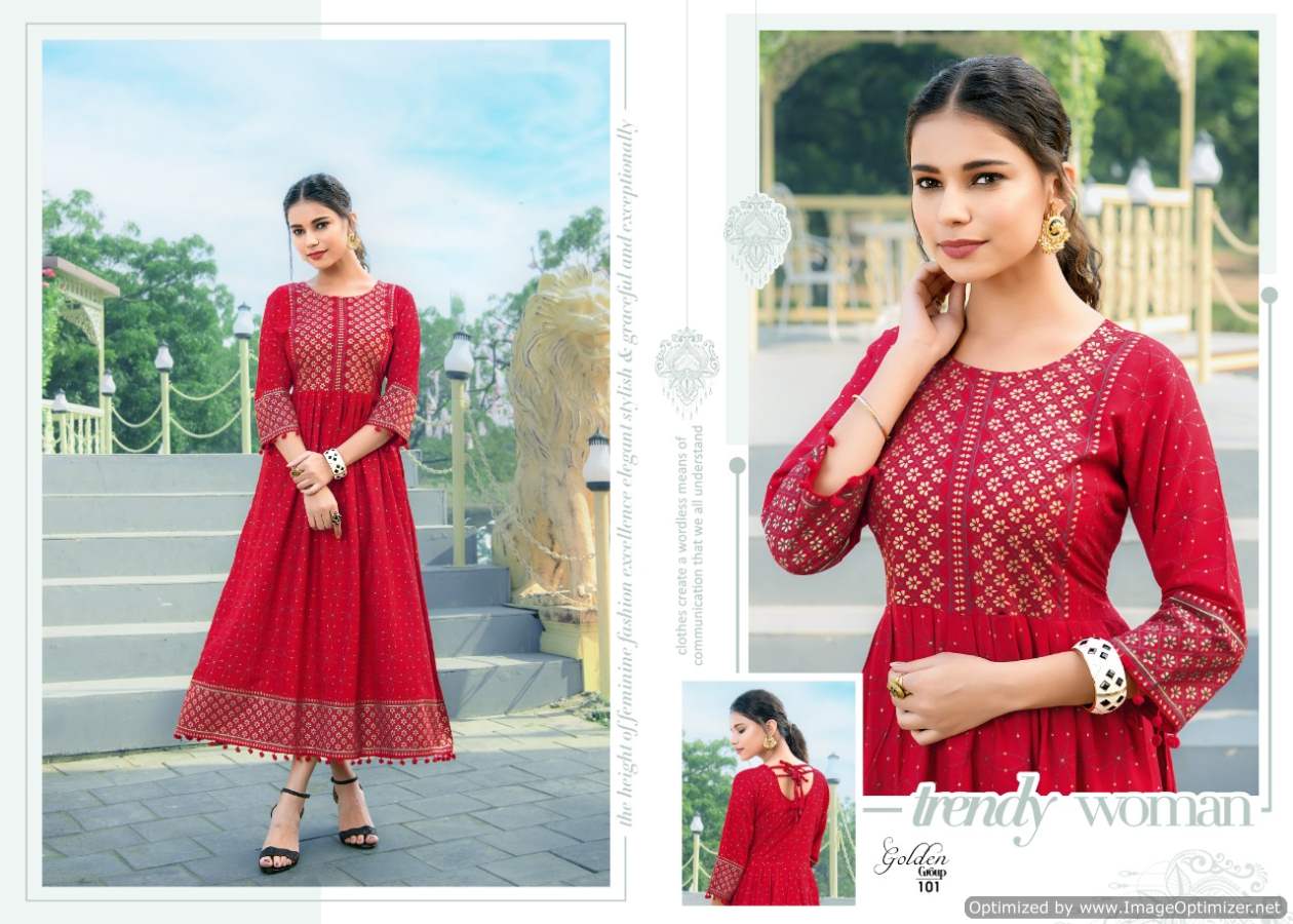 Golden Group Fancy Ethnic Wear Rayon Printed Designer Anarkali Kurti Collection